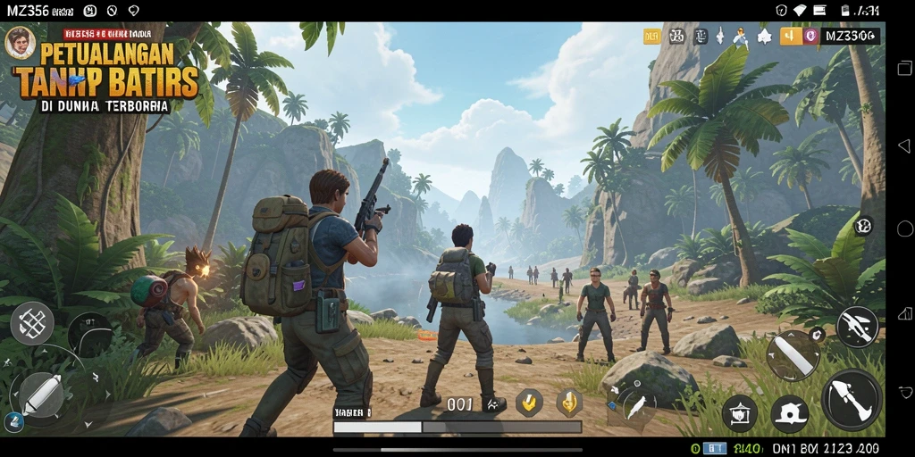 Screenshot gameplay MZ356 menampilkan petualangan di dunia terbuka yang luas.